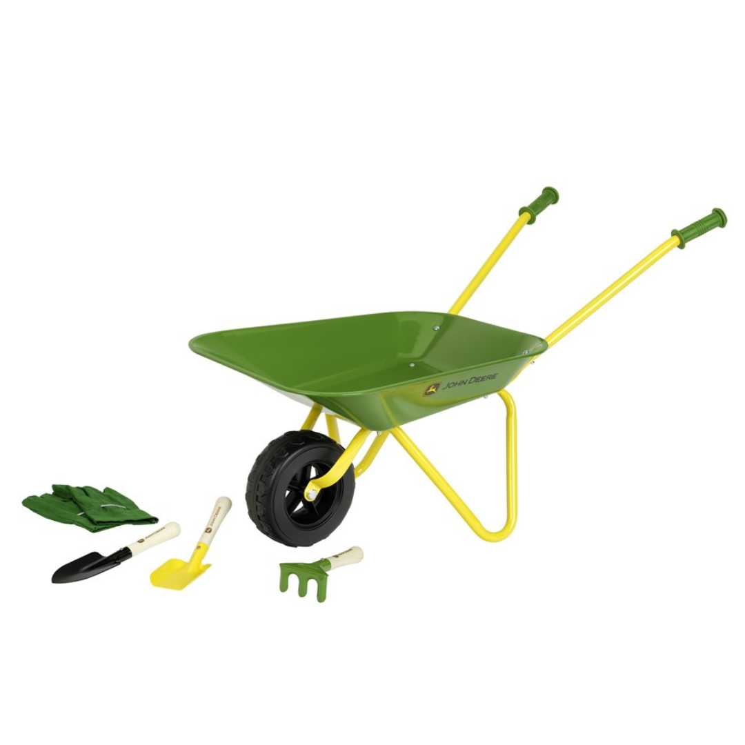 John Deere - Metal Wheelbarrow Set with Gloves, Shovel, Rake and Spade
