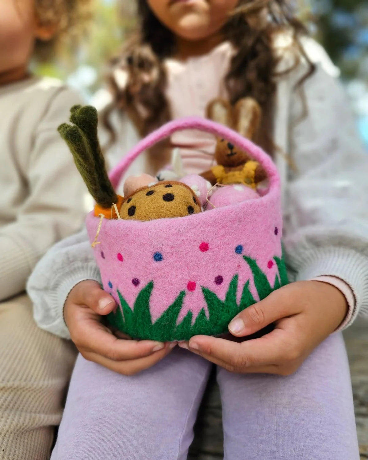 Tara Treasures - Felt Pink Basket with Colourful Dots