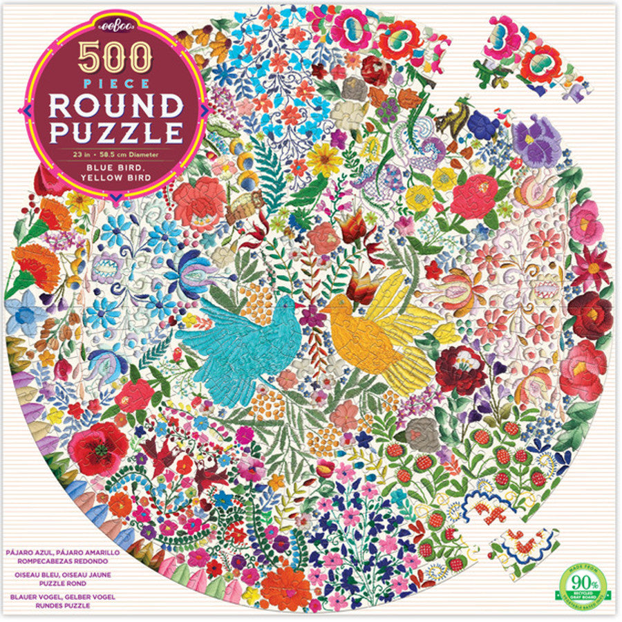 Eeboo Puzzle Round Blue Bird, Yellow Bird Stitching 500pc - K and K Creative Toys