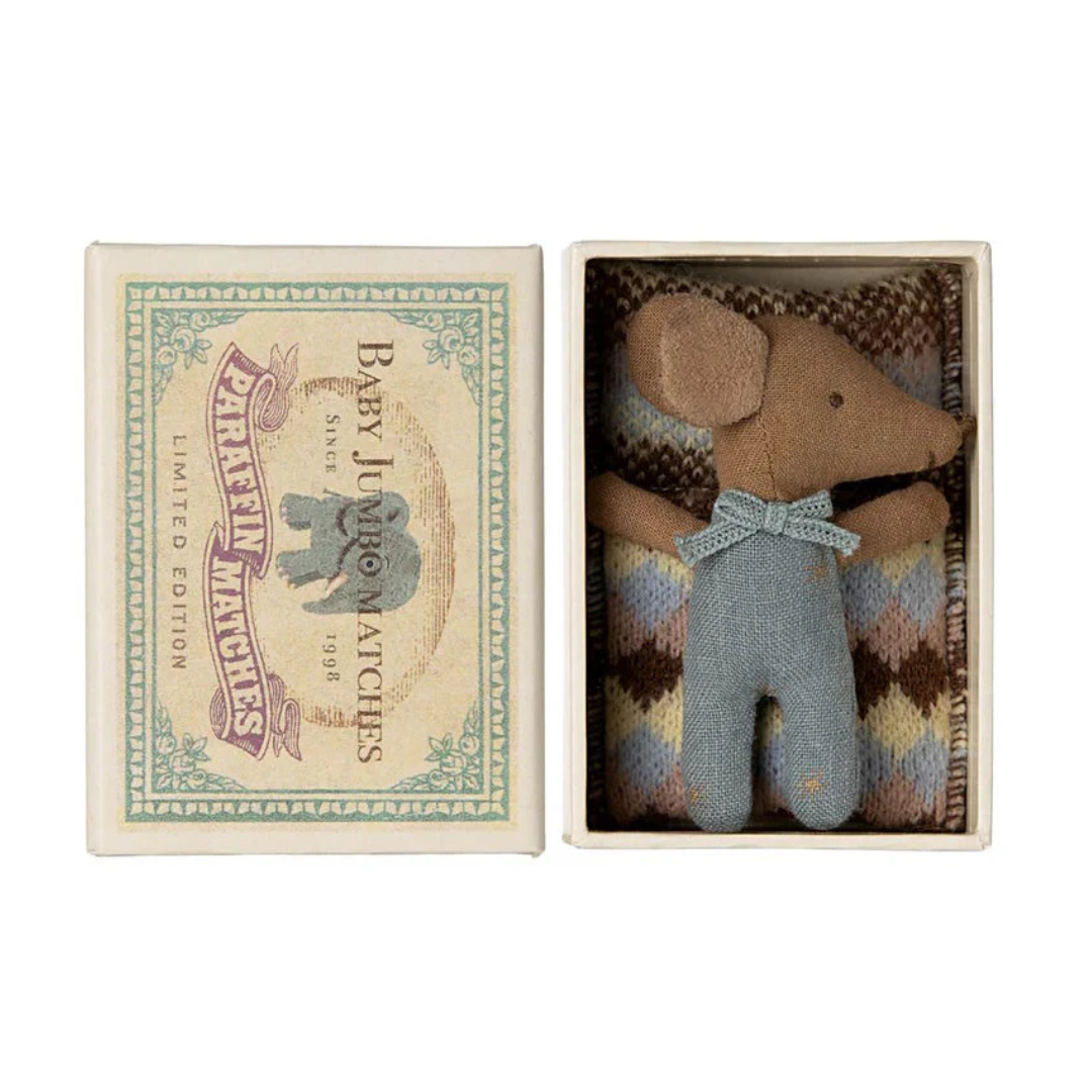 Maileg Sleepy Wakey Baby Mouse in Box Blue