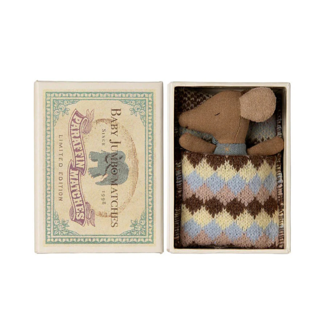 Maileg Sleepy Wakey Baby Mouse in Box Blue