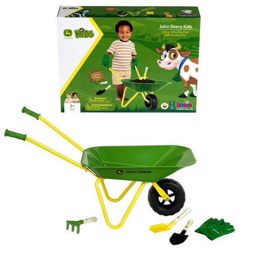John Deere - Metal Wheelbarrow Set with Gloves, Shovel, Rake and Spade