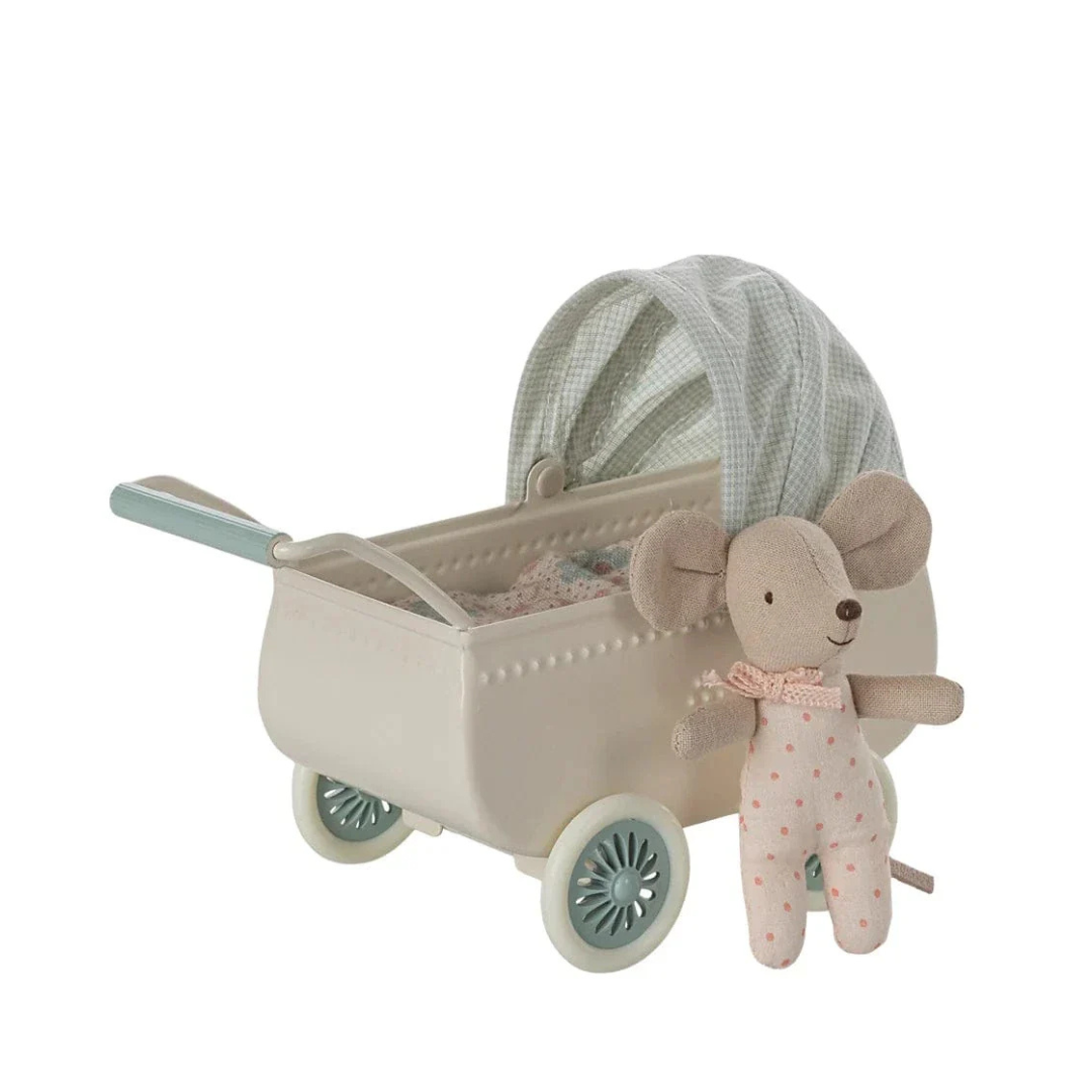 Maileg Pram with Baby Mouse - Mint