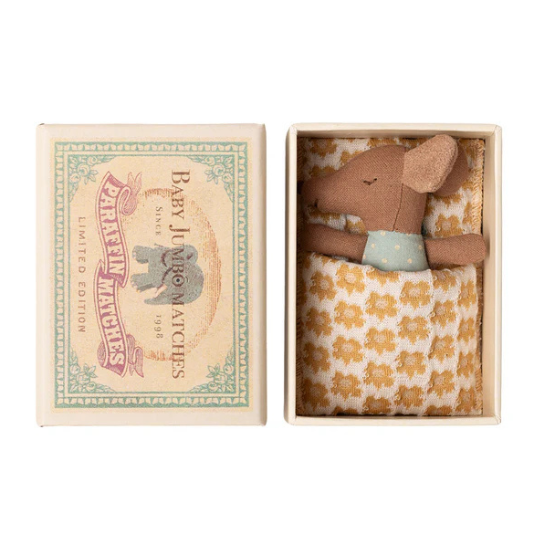 Maileg Sleepy Wakey Baby Mouse in Matchbox Blue