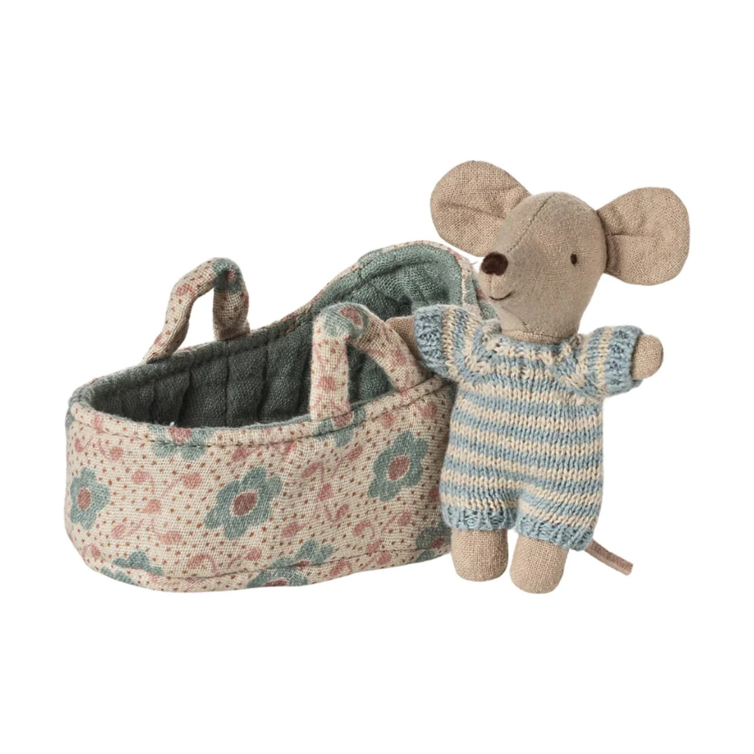 Maileg Baby Mouse in Carry Cot Blue