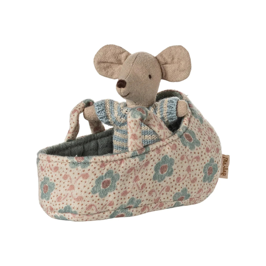 Maileg Baby Mouse in Carry Cot Blue