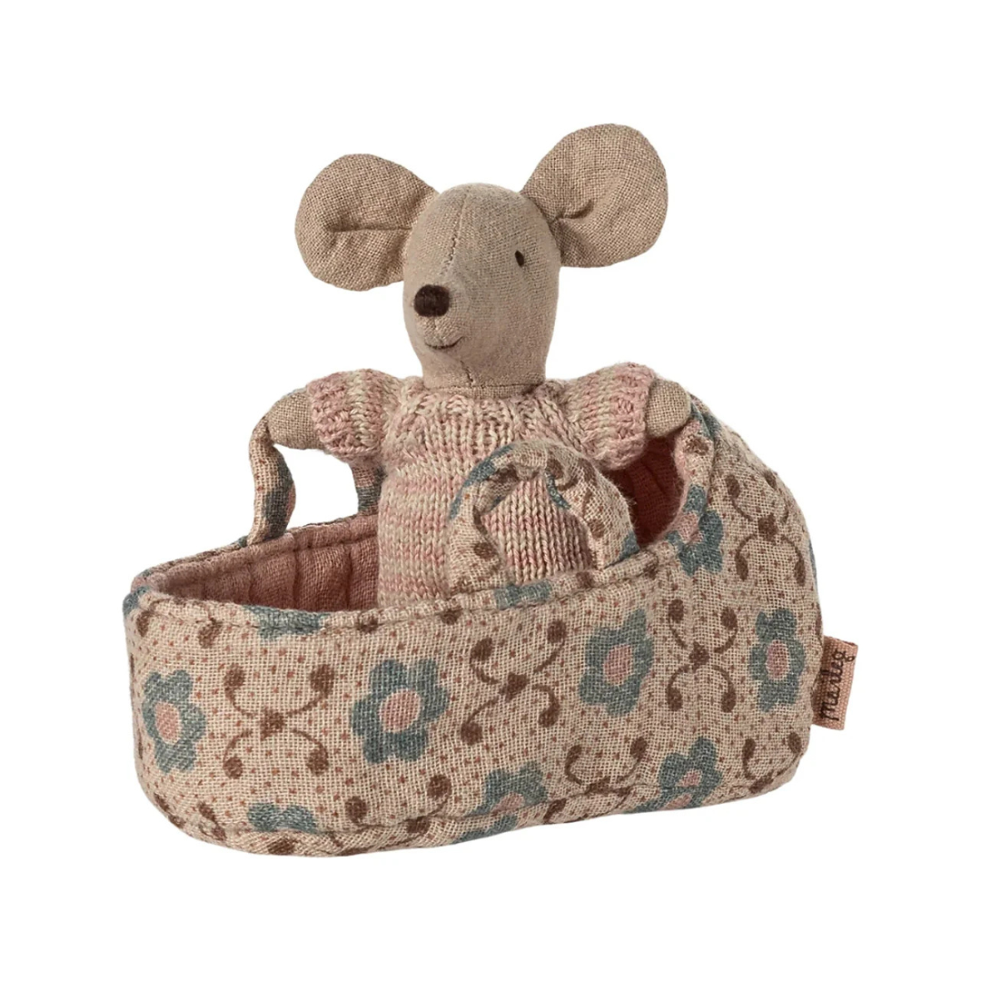 Maileg Baby Mouse in Carry Cot Rose