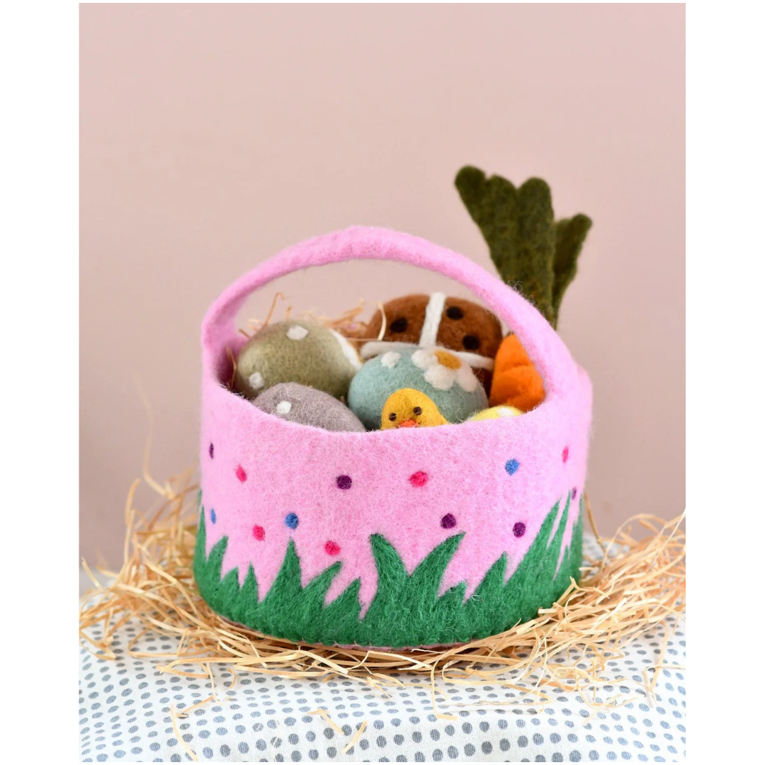 Tara Treasures - Felt Pink Basket with Colourful Dots