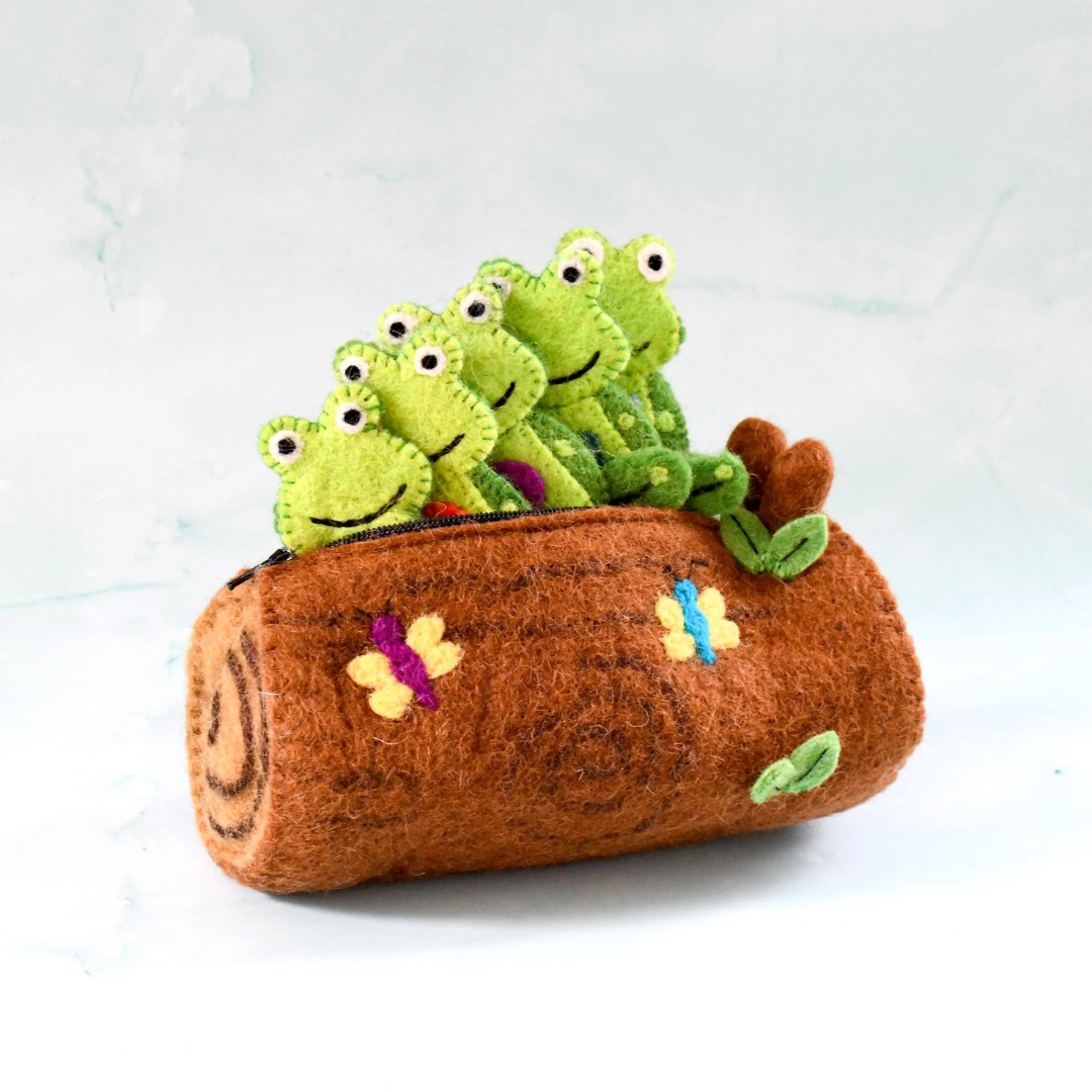 Tara Treasures - 5 Little Speckled Frogs with Log Bag Finger Puppet Set