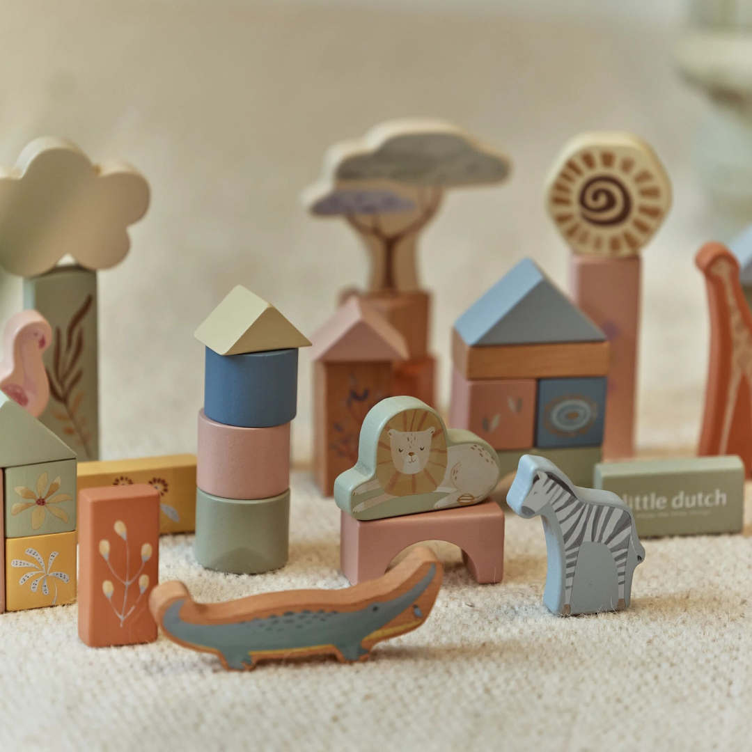 Little Dutch - Safari Friends | Wooden Building Blocks