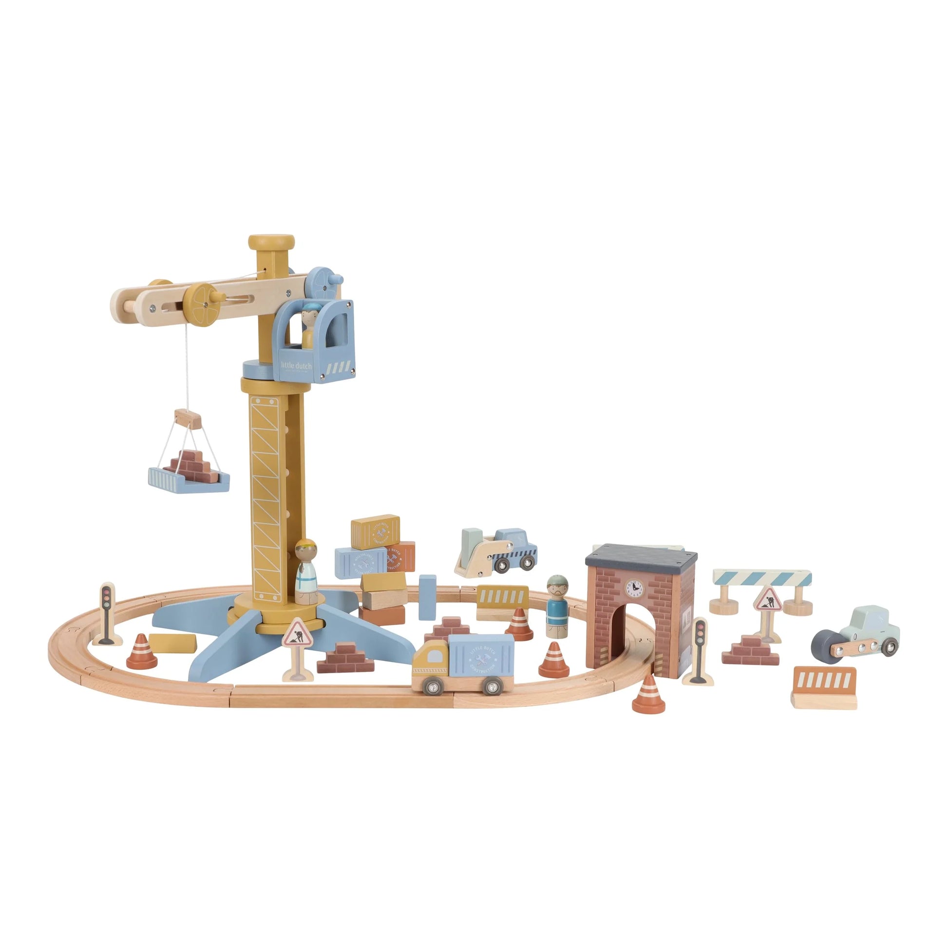 Little Dutch - Wooden Crane and Train Track Set