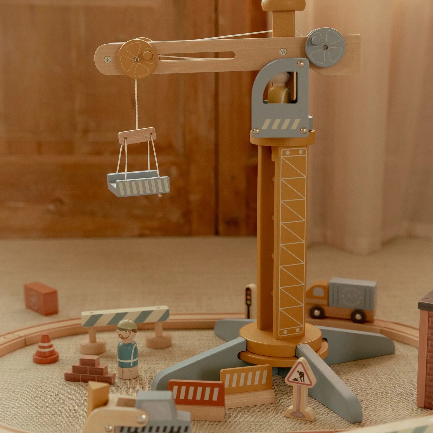 Little Dutch - Wooden Crane and Train Track Set