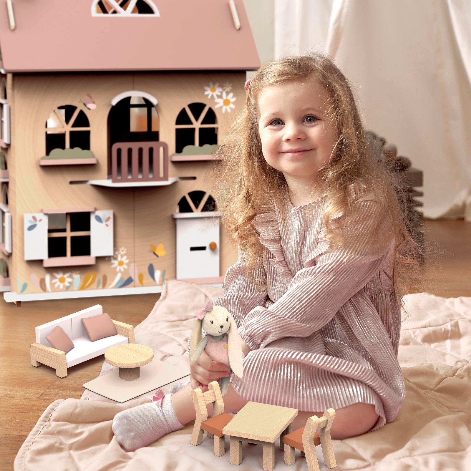 Speedy Monkey Flower Cottage Doll House with Starter Furniture