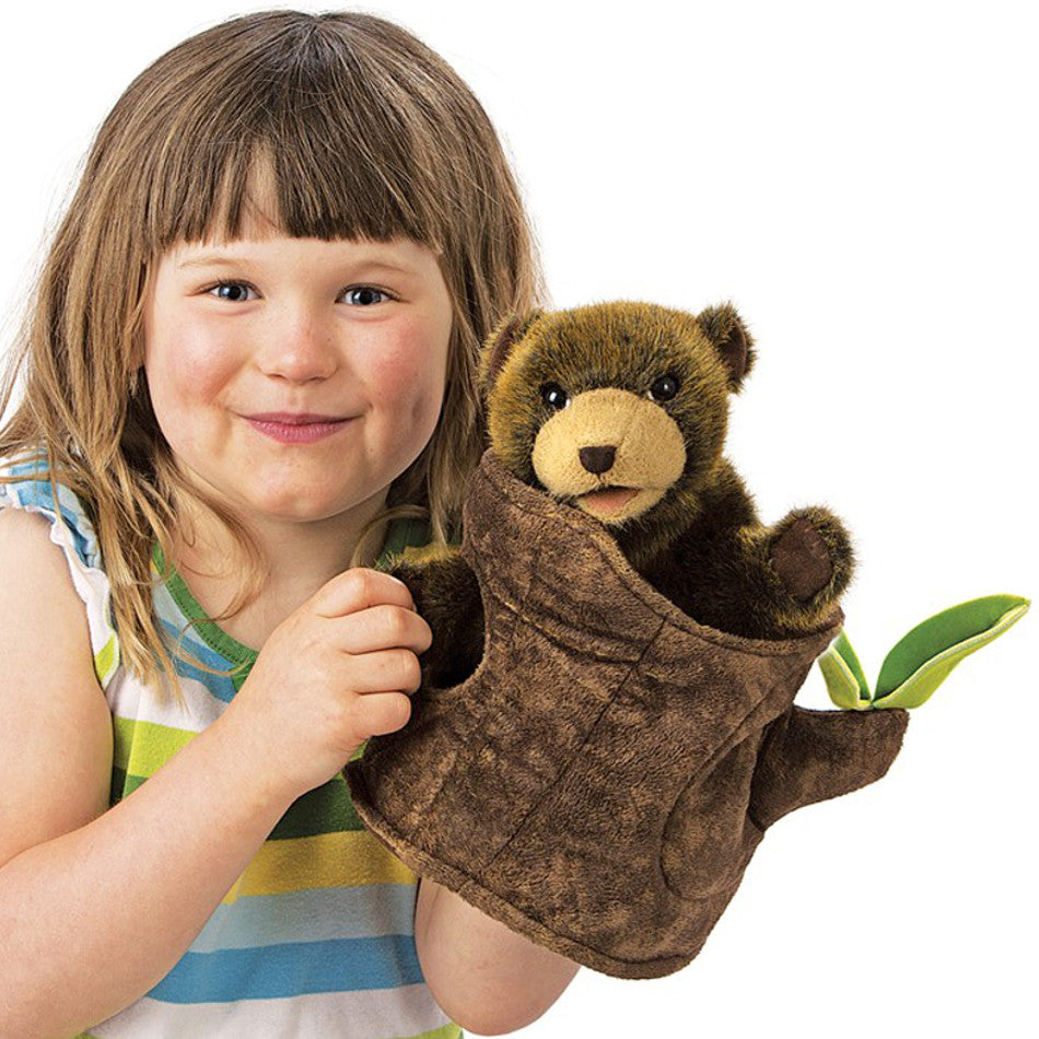 Tree Hand Puppet Folkmanis Hand Puppet Bear in Tree Stump – K and K Creative Toys